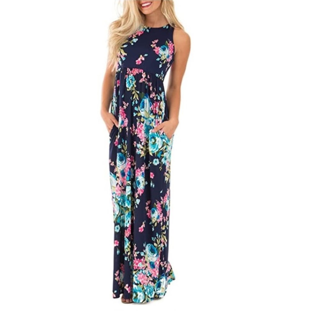 Boho Floral Maxi Dress with Pockets